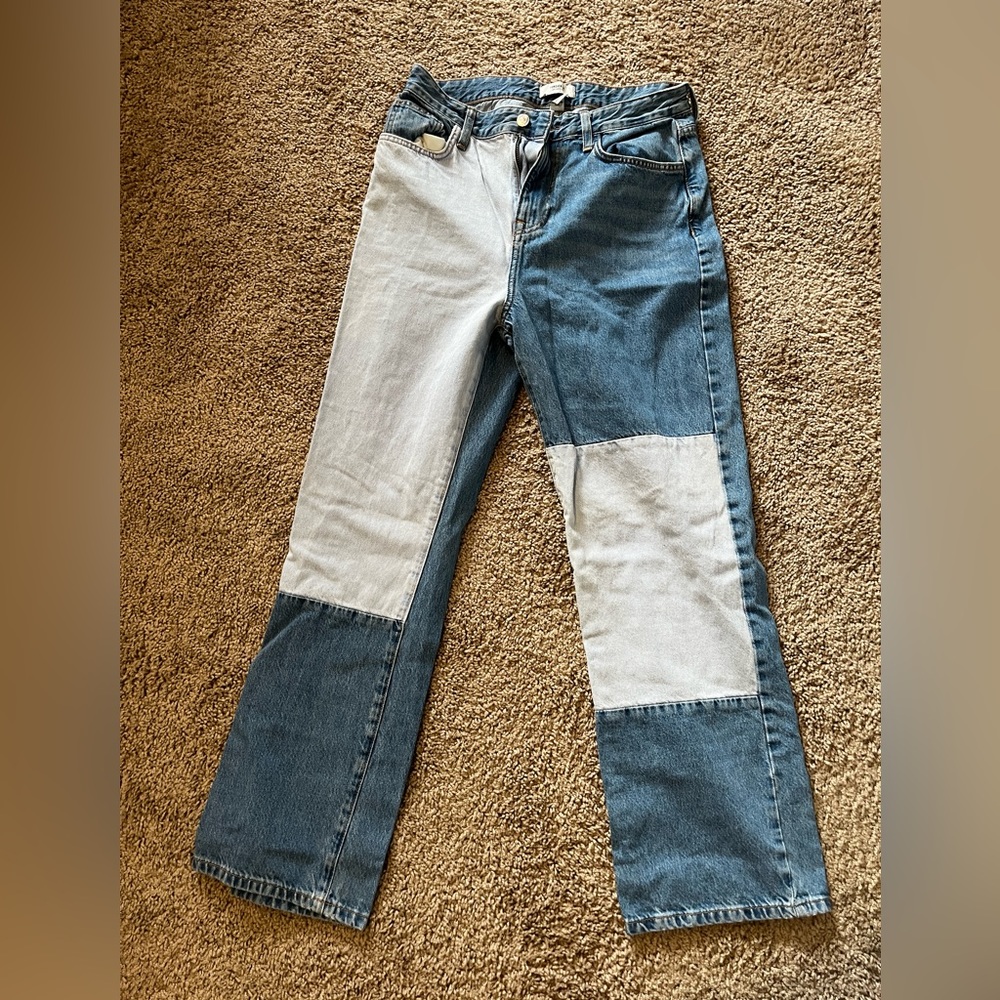 Patchwork, jeans, high, waisted, wide leg